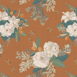 May include: A seamless pattern featuring white flowers, green leaves, and brown star anise on a rust-colored background.