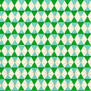 May include: A repeating pattern of green, teal, and cream-colored diamonds. Each diamond is divided into sections with gold lines, creating a geometric design. The pattern is evenly spaced and covers the entire surface.
