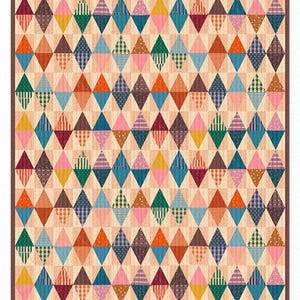 May include: A colorful quilt with a repeating diamond pattern. The diamonds feature various patterns and colors, including orange, pink, green, blue, and brown, set against a beige background. The quilt has a brown border.