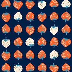 May include: A seamless pattern featuring red and white strawberries on a dark blue background. The strawberries are stylized and have a simple, graphic design.