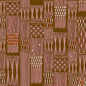 May include: A repeating pattern featuring abstract designs in shades of brown, pink, and cream. The design includes vertical lines, circles, and knot-like shapes, creating a textured, textile-like appearance. The overall aesthetic is reminiscent of macrame or woven crafts.
