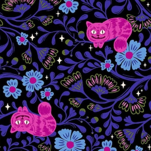 May include: A whimsical pattern featuring pink Cheshire cats, blue and pink flowers, and purple foliage on a black background. The design includes white star accents, creating a vibrant and playful aesthetic. This pattern is suitable for fabric or wallpaper.
