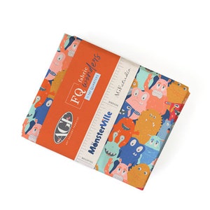 May include: Orange fabric with a colorful pattern of cartoon monsters. The fabric is labeled "FQ fabric wonders 1/4 fat quarters" and "MonsterVille AGFstudios".