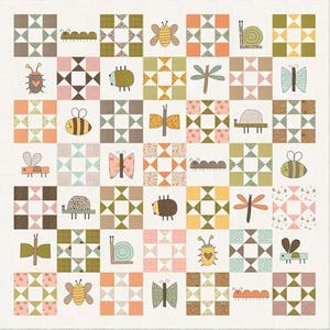 May include: A patchwork quilt featuring a grid of alternating squares. Half of the squares contain geometric star patterns in shades of green, orange, pink, and brown. The other squares feature illustrations of insects including bees, butterflies, snails, and dragonflies.