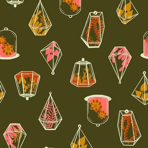 May include: A repeating pattern of terrariums in various shapes, including geometric and bell-shaped designs. The terrariums are filled with colorful plants and flowers in shades of pink, orange, and yellow, set against a dark green background.