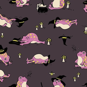 May include: A repeating pattern featuring cartoon frogs in various poses, wearing black witch hats with yellow bands. The frogs are pink with yellow spots, set against a dark purple background. Small mushrooms and witch hats are also scattered throughout the design.