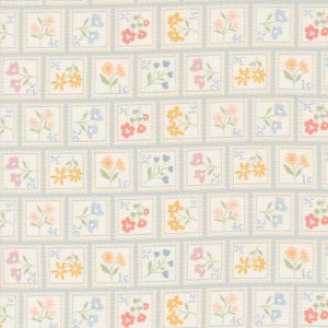 May include: A repeating pattern of vintage-style postage stamps with floral designs. Each stamp features a different floral motif in shades of pink, blue, yellow, and red. The stamps are arranged in a grid pattern on a light blue background. The stamps have a white border and the text "1c", "2c", "3c", and "4c" printed on them.