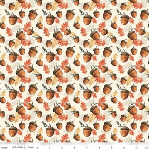 May include: A seamless pattern featuring brown acorns with green stems and leaves in shades of orange, red, and yellow on a cream background.
