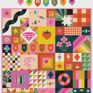 May include: A colorful sampler quilt with various geometric and whimsical designs. The quilt features a diamond, a tomato, flowers, and a snake. The words "the ruby star" and "sampler" are displayed above the quilt.