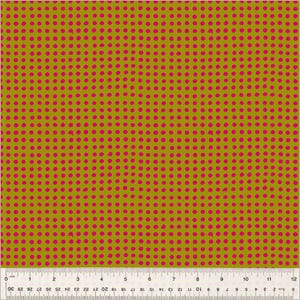 May include: A yellow fabric with a repeating pattern of small, pink circles.