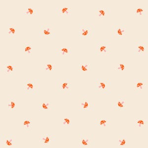 May include: A seamless pattern featuring a repeating design of orange mushrooms with white polka dots and pink stems on a light beige background.