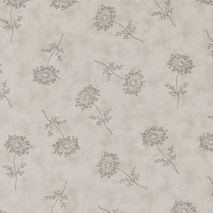 May include: A seamless pattern featuring delicate, gray, stylized illustrations of Queen Anne's Lace flowers on a light beige background.