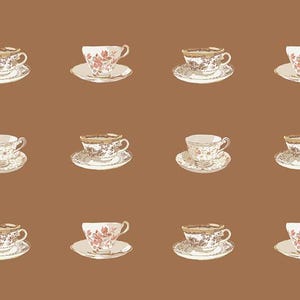 May include: A repeating pattern of vintage teacups and saucers on a brown background. The teacups feature floral designs in shades of red, pink, and gold. Each teacup sits on a matching saucer, creating a classic and elegant aesthetic.