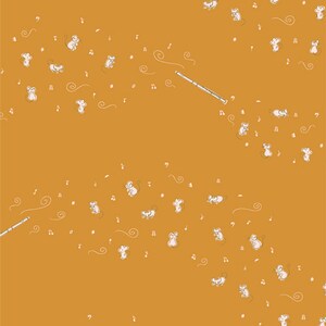 May include: Mustard-colored fabric with a repeating pattern of white mice, musical notes, and flutes. The mice are in various poses, some playing instruments. Swirls and musical notes are scattered across the background.