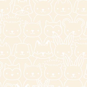 May include: A repeating pattern of various cartoon animal faces in white outlines on a light beige background. The animals include rabbits, foxes, bears, cats, and hedgehogs, creating a playful and whimsical design.