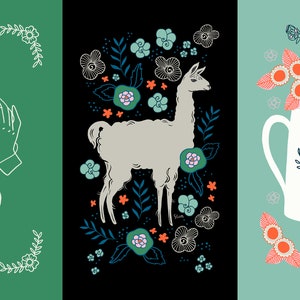 May include: Three illustrations with a green, black, and blue background. The first illustration shows two hands holding a ball of yarn with a heart shape formed by the yarn. The second illustration shows a white llama standing in a field of flowers. The third illustration shows a white teapot with a pink bird design on it, surrounded by flowers.