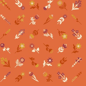 May include: A seamless pattern featuring a variety of stylized flowers in shades of orange, yellow, and purple on a bright orange background.