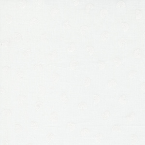 May include: White fabric with a repeating pattern of small white rainbows.