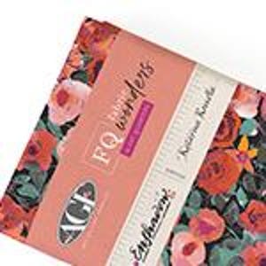 May include: A stack of fabric squares with a floral pattern featuring red and pink roses. The fabric is labeled "FQ Wonders" and "Enchanting" with the designer's name. The fabric is likely for quilting or other sewing projects.