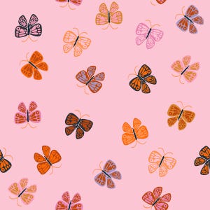 May include: A repeating pattern of colorful butterflies on a pink background. The butterflies are in shades of orange, pink, brown, and purple. The design is whimsical and would be suitable for fabric or wallpaper.