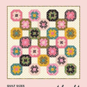 May include: A colorful quilt with a repeating floral pattern in pink, yellow, black, and teal. The quilt is labeled "CHURN DOT" and includes size options: Baby 40" x 40", Throw 65" x 65", and Queen 90" x 108". The design is by "patch + dot".