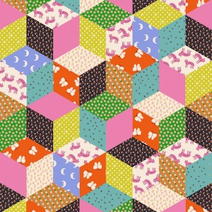 May include: A colorful patchwork quilt pattern with geometric shapes and various designs, including butterflies, moons, and stripes. The quilt is made up of different colors, including pink, green, blue, yellow, orange, and black.