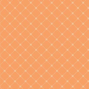 May include: A seamless pattern featuring a peach-colored background with a repeating grid of white floral accents. The design has a quilted appearance, with the flowers at the intersections of the grid lines.