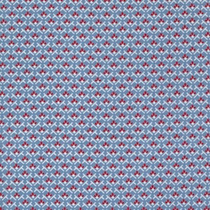 May include: A blue fabric with a repeating pattern of white and red geometric shapes. The pattern is a series of small, white diamonds with a red dot in the center, arranged in a grid.