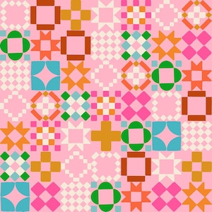 May include: A textile fabric featuring a repeating geometric quilt pattern on a light pink background. The design consists of various shapes including stars, crosses, and squares in vibrant shades of orange, green, blue, pink, and brown.