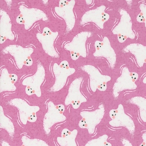 May include: A pink fabric with a repeating pattern of white ghosts with smiling faces. The ghosts are outlined in white and have a swirling design around them.