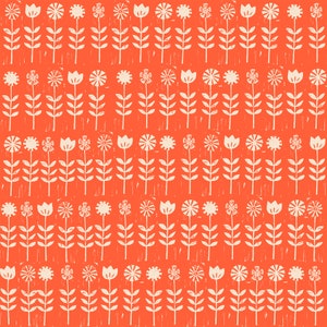 May include: A repeating pattern of white stylized flowers on a bright orange background. The flowers are simple and geometric, with a variety of shapes and sizes.