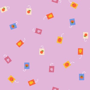May include: A repeating pattern of juice boxes with various fruit illustrations, including apples, pears, grapes, and strawberries, on a light purple background. Each box has a white straw. The design is simple and colorful.