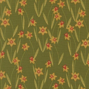 May include: A green fabric with a repeating pattern of yellow daffodils with red centers. The daffodils are stylized and have a vintage look.