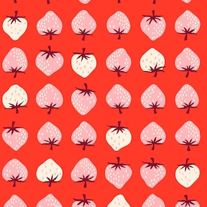 May include: A seamless pattern of pink and white strawberries on a red background. The strawberries are stylized and have a simple design.