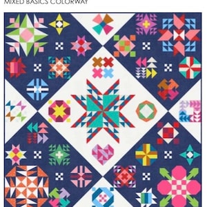 May include: A quilt pattern with a variety of colorful geometric shapes, including stars, squares, and triangles. The quilt is made up of a grid of squares, with each square containing a different pattern. The quilt is set against a dark blue background.