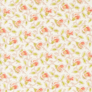 May include: A white fabric with a repeating pattern of pink flowers and green leaves. The flowers are stylized and have a delicate, vintage look.