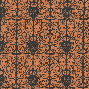 May include: A seamless pattern featuring a black and orange design. The pattern is made up of intricate swirls and lines, creating a spooky and elegant look. The design is reminiscent of a vintage Halloween decoration.