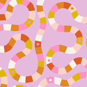May include: A seamless pattern featuring a repeating design of colorful, wavy lines. The lines are made up of alternating blocks of pink, orange, yellow, white, and brown. The background is a light purple.