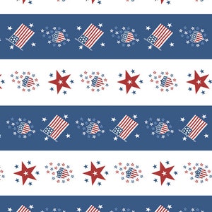 May include: A patriotic pattern featuring alternating stripes of white and blue. The blue stripes contain repeating images of the American flag, stars, and a shield. Red stars and star clusters are on the white stripes.