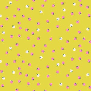 May include: A seamless pattern of pink and white strawberries on a yellow background. The strawberries are scattered randomly across the surface.