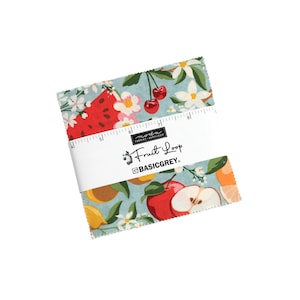 May include: A 5-inch square fabric featuring a colorful fruit print with watermelon, apples, lemons, cherries, and white flowers on a light blue background. The fabric is labeled "Moda Fabrics - Supplies Fruit Loop BasicGrey."