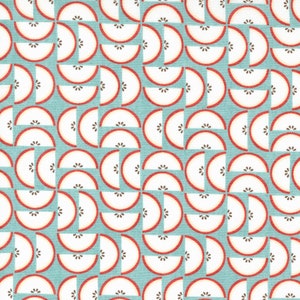 May include: A seamless pattern of red and white apple slices on a light blue background. The apple slices are arranged in a repeating pattern of overlapping semicircles.