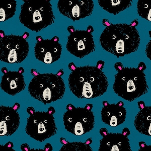 May include: A teal blue background with a repeating pattern of black bear faces. The bears have white noses and pink accents around their eyes.