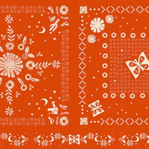 May include: A red bandana with a white floral and butterfly design. The bandana features a repeating pattern of flowers, butterflies, stars, and moons.