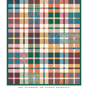May include: A colorful quilt pattern titled "Mini Plaid-ish Quilt" by Erica Jackman. The design features a plaid pattern in shades of teal, pink, orange, brown, and green. The text at the bottom reads "Kitchen Table Quilting".