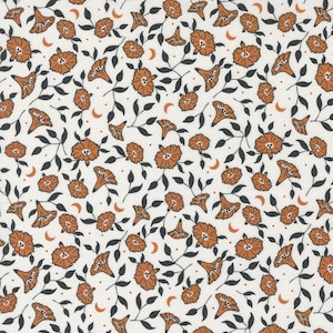 May include: A white background with a repeating pattern of orange flowers, black leaves, and small orange dots. The flowers are stylized and have a crescent moon shape at the center.