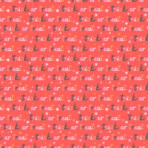 May include: A seamless pattern with the text "trick or treat" repeated in a variety of colors, including pink, orange, and gray. The text is surrounded by small white stars on a red background.