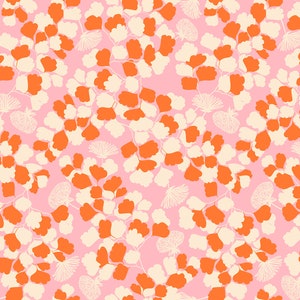 May include: A seamless pattern featuring orange and cream colored leaves on a pink background.