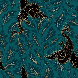 May include: A teal and gold dragon and leaf pattern. Black dragons with outstretched wings are interspersed among gold-colored leaves and teal-colored foliage. The design is repeated across the image.