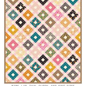 May include: The Lydia Quilt pattern by Erica Jackman. A colorful quilt design featuring a repeating diamond pattern in shades of pink, orange, teal, and black. The quilt is described as baby, lap, twin, queen, and king sizes. Kitchen Table Quilting.